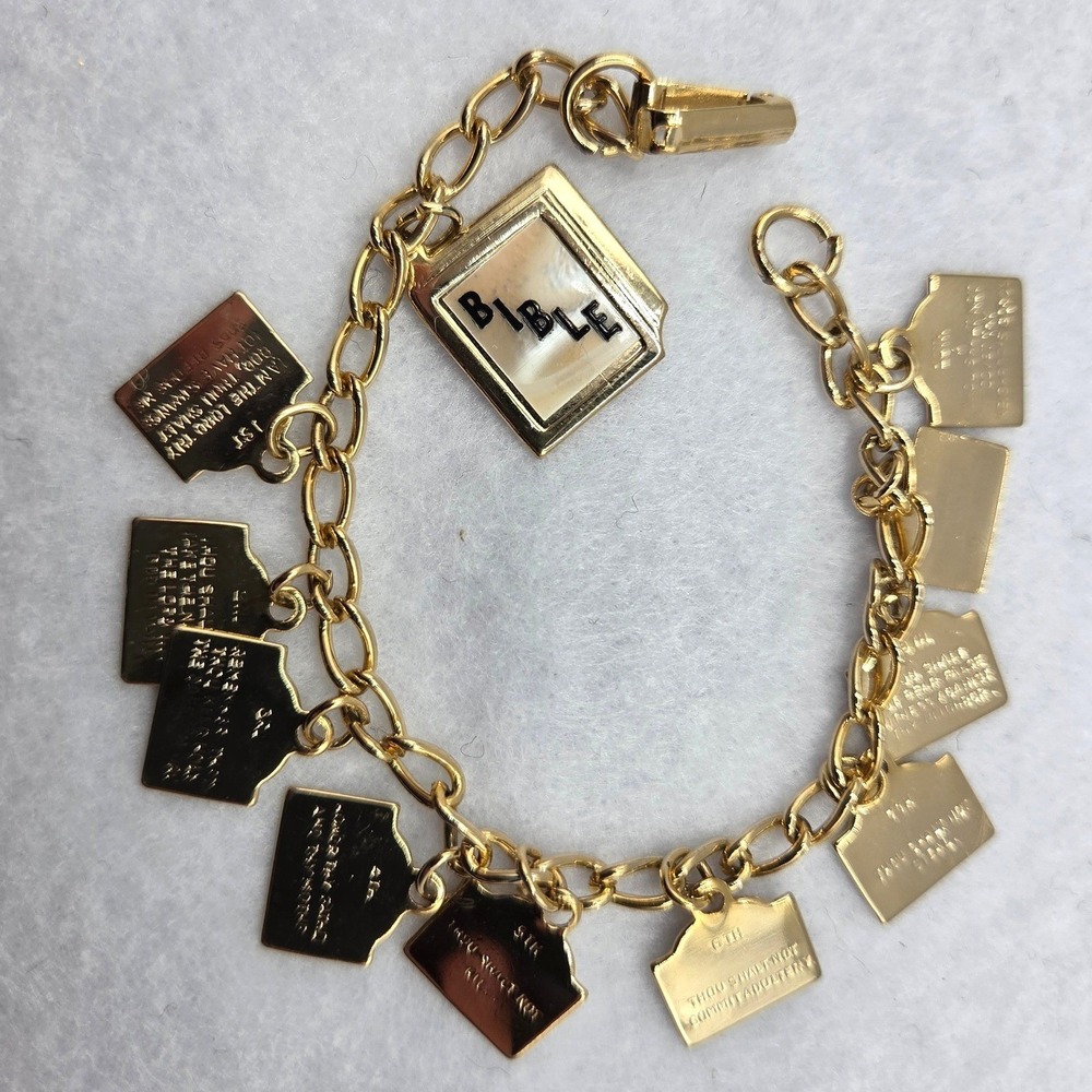 Vintage Gold Tone 10 Commandments Charm Bracelet Mother of Pearl Bible 6.5"